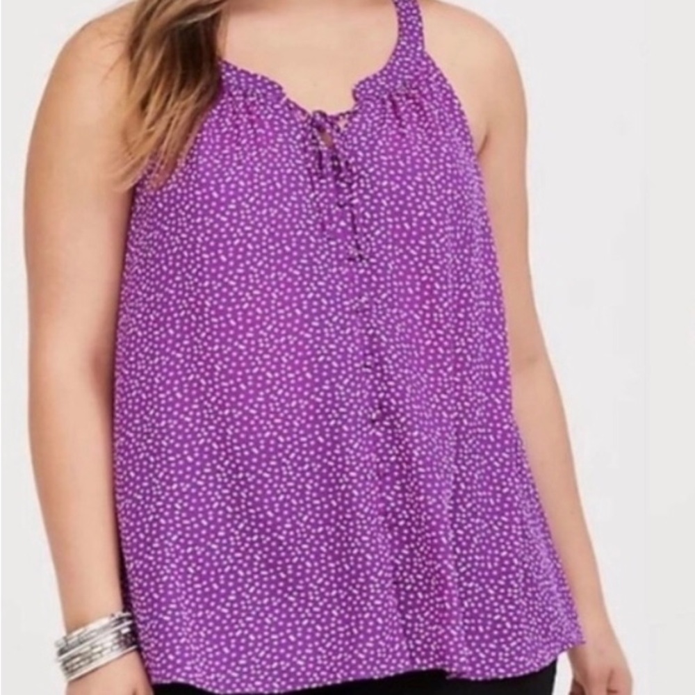 Torrid purple, pink polka dot tie and button front sleeveless top. Size 5x